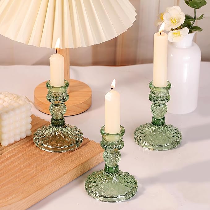 12Pcs Green Candlestick Holders Set- 4" H Taper Candle Holders Bulk, Glass Candle Holders for Wedding, Party, Romantic Dinner Table Centerpieces, Festival Gifts & Windowsill Decor-CasaMuseHome