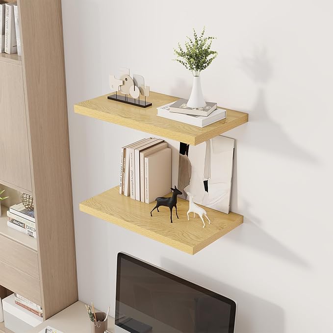 24" Floating Shelves for Wall, 12" Deep Slim Oak Floating Shelves, Wall-Mounted Shelves for Bedroom, Living Room, Kitchen, Bathroom - Set of 2-CasaMuseHome