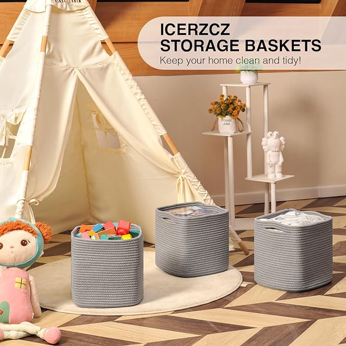 11 Inch Cube Storage Bins, Storage Cube Organizer Bins, Woven Cotton Rope Basket for Storage, Storage Baskets for Organizing Shelves, Grey Baskets for Toys Nursery, Grey (Pack of 3)-CasaMuseHome