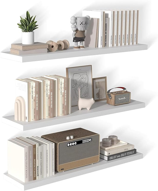 48 Inch Floating Shelf 3 Pack Large Floating Shelves for Wall No Drilling Accessories Included Deep Wall Shelves for Living Room Kitchen Farmhouse 48" W x 12" D x 1.2" White-CasaMuseHome