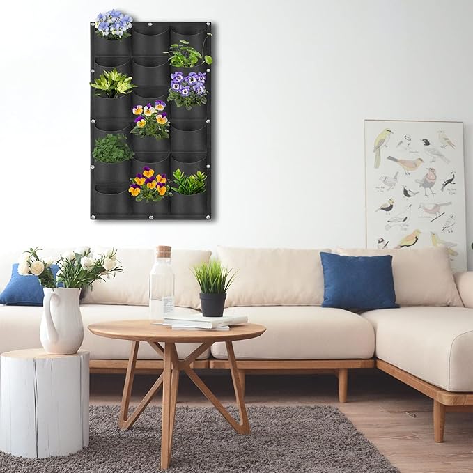 18 Pockets Hanging Planter Bags, Hanging Vertical Wall Mounted Plant Planting Grow Bags, Herb Garden Planter Outdoor Indoor Growing Bag, Gardening Vertical Greening Flower Container(1m×0.5m, Black)-CasaMuseHome