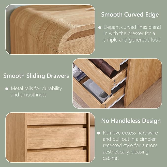 25" Tall Modern Nightstand with Charging Station, 23.6'' Wide Wood Bedside Table w/3 Storage Drawers, Small Dresser w/Curved Profile Design, End Table for Bedroom, Natural Oak-CasaMuseHome