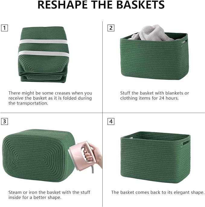 4 Pack Storage Baskets for Organizing, Woven Baskets for Shelves - Perfect for Toys, Books, Towels, and Clothes, Durable Gift Basket Bins Toy Storage, 12.7''L x9''W x7.8''H, Green-CasaMuseHome