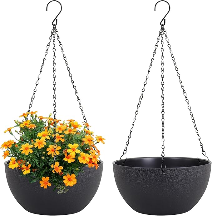 8 inch Small Hanging Planters Plant Pots for Indoor Outdoor Plants, 2 Pack Hanging Flower Pots with Drainage Holes and Chain for Garden Porch, Plastic Hanging Baskets for House Plants, Black-CasaMuseHome