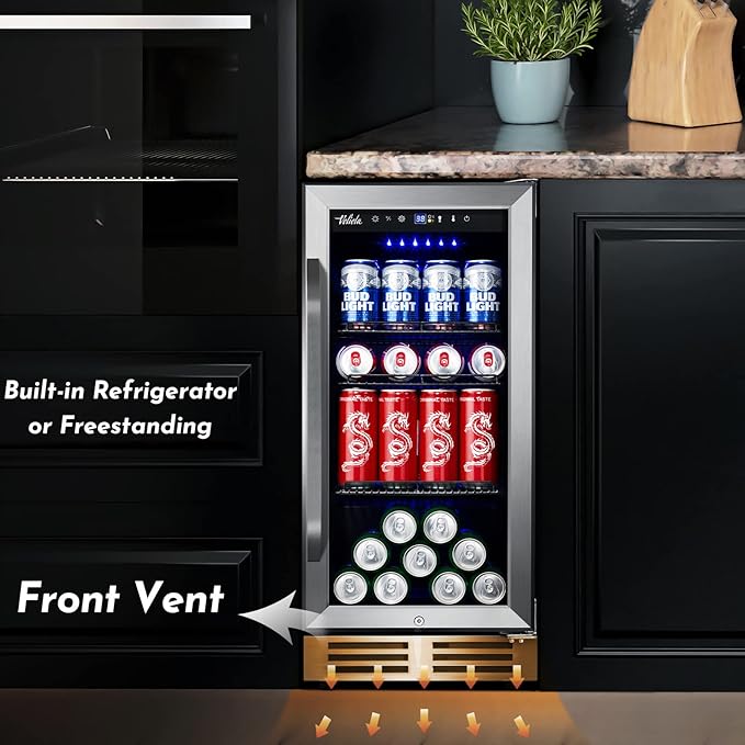 15'' Beverage Refrigerator and Beer Fridge Under Counter Built-in or Freestanding,127 Cans Beverage Cooler with Glass Door and Lock for Bottles and Cans Beer/Soda/Water/Wine-CasaMuseHome