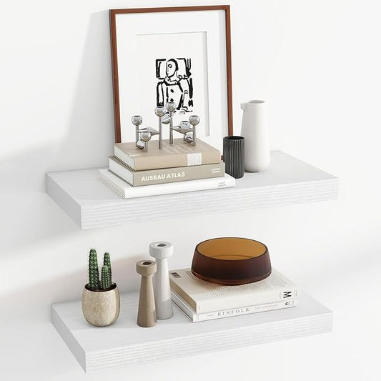 24 Inch Floating Shelves, 12 Inch Deep Floating Shelves for Wall, Floating Shelf with Invisible Brackets, Deep Shelves for Bathroom, Bedroom, Living Room, 2 Pack, White-CasaMuseHome