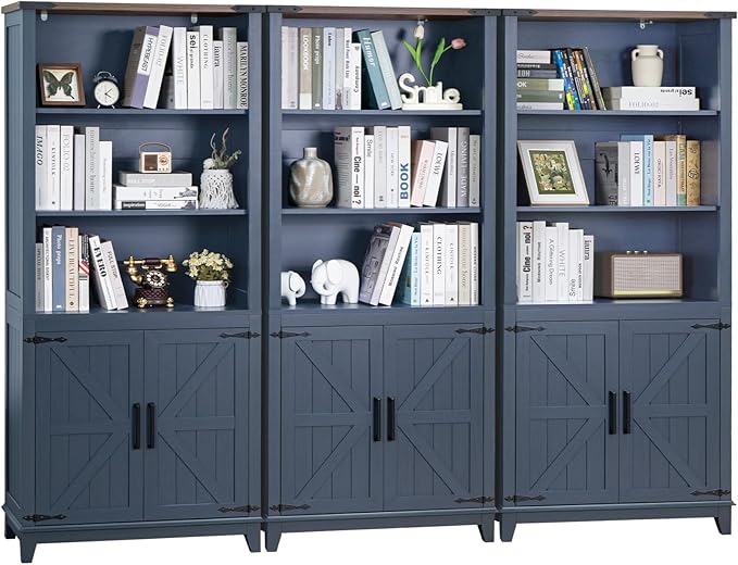 5 Tier Bookshelf 70in Tall Bookcase with Barn Doors and Storage Cabinet, Blue Farmhouse Book Shelf with Adjustable Shelves, Wood Freestanding Display Bookshelves for Bedroom, Kitchen (3PCS)-CasaMuseHome