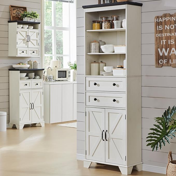 72" Tall Bathroom Storage Cabinet, Farmhouse Storage Cabinet with 2 Drawers, Adjustable Shelves & Barn Door, Cabinet for Bathroom, Living Room, Kitchen, Off White-CasaMuseHome