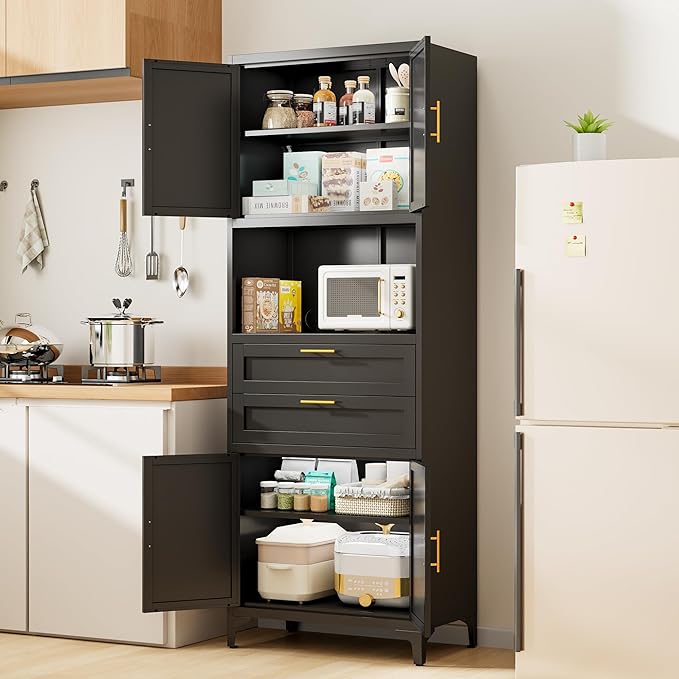 75” Tall Kitchen Pantry Storage Cabinet, Metal Storage Cabinet with 2 Drawers and Adjustable Shelves, Kitchen Pantry Cupboard, Freestanding Cupboard for Bathroom, Living Room(Black)-CasaMuseHome
