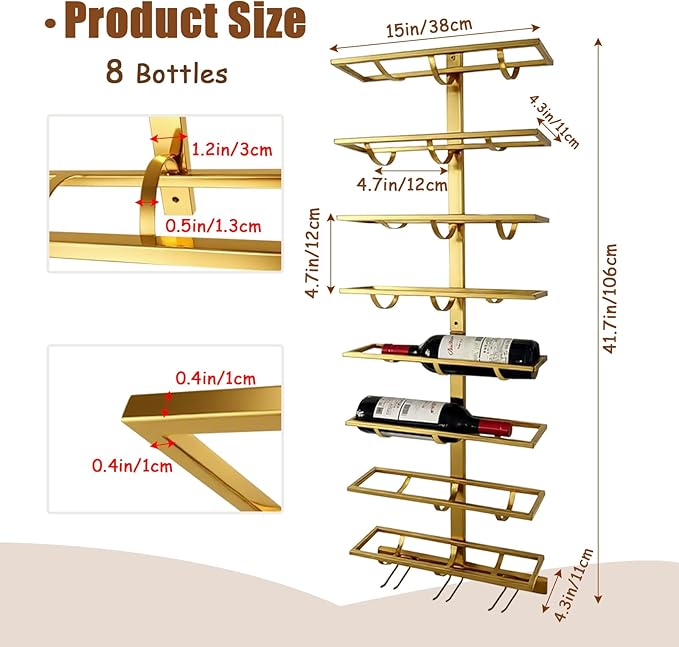 8 Bottle Wall Mount Wine Rack with Wine Glass Holder, Metal Wine Wall Rack, Wall Racks for Wine Bottles Display and Storage, Hanging Bottle Organizer for Living Dining Room Wine Cellar Bar (Gold)-CasaMuseHome