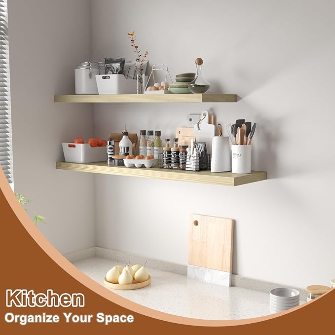 48 Inch Floating Shelf 2 Pack Large Floating Shelves for Wall No Drilling Accessories Included Deep Wall Shelves for Living Room Kitchen Farmhouse 48" W x 12" D x 1.2" Oak-CasaMuseHome