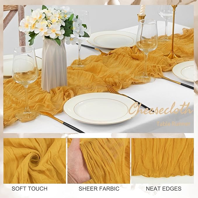 12 Pack Mustard 10FT Cheesecloth Table Runner Rustic Gauze Fabric Cheese Cloth Table Runner for Wedding Bridal Baby Shower Table Decor Boho Sheer Birthday Party Table Decorations 20 x 120 Inch Long-CasaMuseHome