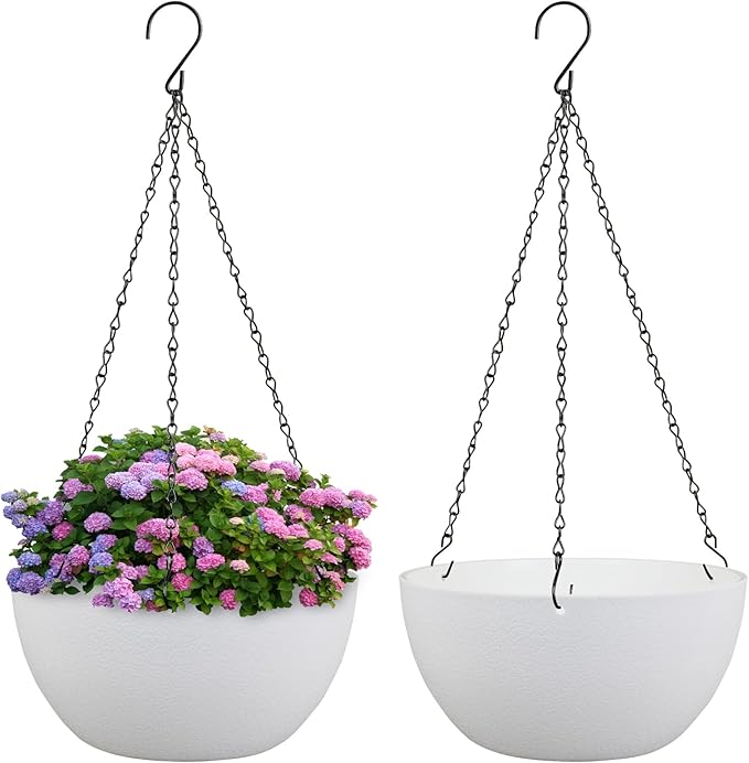 8 inch Small Hanging Planters for Indoor Outdoor Plants, 2 Pack Hanging Flower Pots with Drainage Holes and Chain for Garden Porch Plants, Plastic Hanging Baskets for House Plants, White-CasaMuseHome