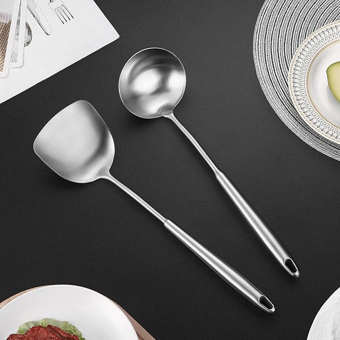 14-15" Wok Spatula and Ladle,2 PCS Wok Tools Set,304 Stainlss Steel Cooking Utensils,Matte Wok Accessories,Solid Wok Utensils-CasaMuseHome