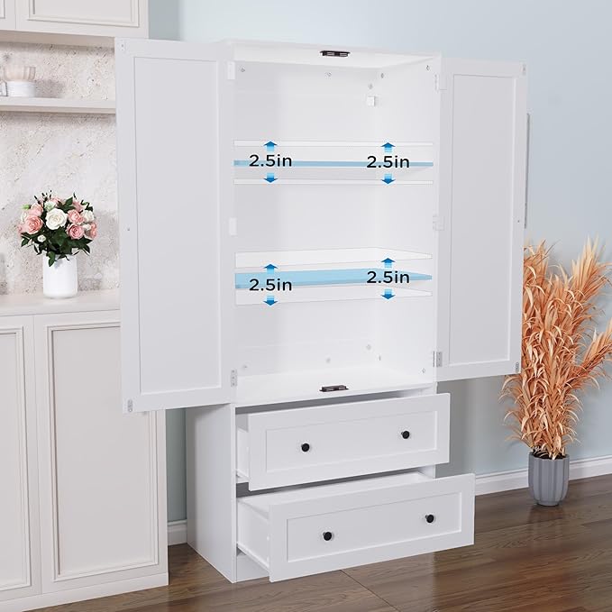 64.2" Tall White Kitchen Pantry, Storage Cabinet with Doors and Drawers, Freestanding Wooden Organizer for Kitchen, Dining Room-CasaMuseHome