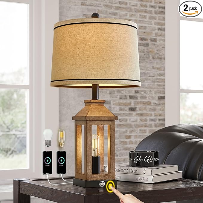 23.75" Farmhouse Table Lamps USB A+C Charging Ports 3-Way Dimmable Touch Control Lamp Nightlight Vintage Modern Lamp for Living Room Bedroom with 2 Light Sources-CasaMuseHome