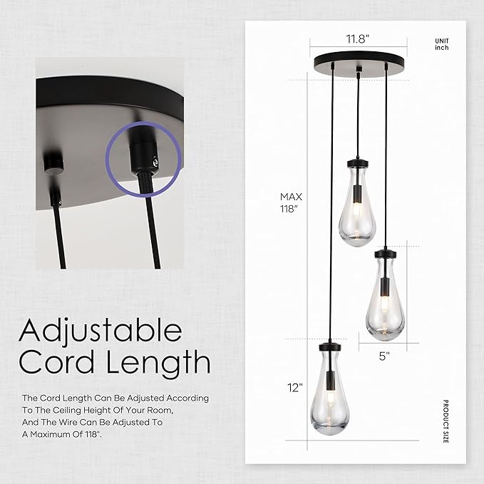 3-Light Raindrop Pendant Light Fixtures, Black Glass Pendant Lighting, Teardrops Modern Hanging Light for Entryway Foyer Kitchen Island Dining Living Room Hallway-CasaMuseHome