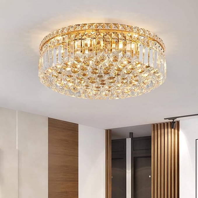 6-Lights Gold Crystal Flush Mount Chandelier Light Fixture K9 Crystals Modern Ceiling Lights Elegant Pendant Lamp for Bedroom,Hallway,Bar,Living Room,Dining Room,H5.9 xW20 (Bulbs Not Included)-CasaMuseHome