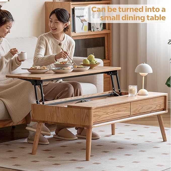 100% Solid Wood Lift Top Coffee Table for Living Room, Mid Century Modern Tables with Drawers and Large Storage, Oak Coffee Tables for Small Spaces (Oak Wood Log, 39.37" W x 21.65" D x 25.59" H)-CasaMuseHome