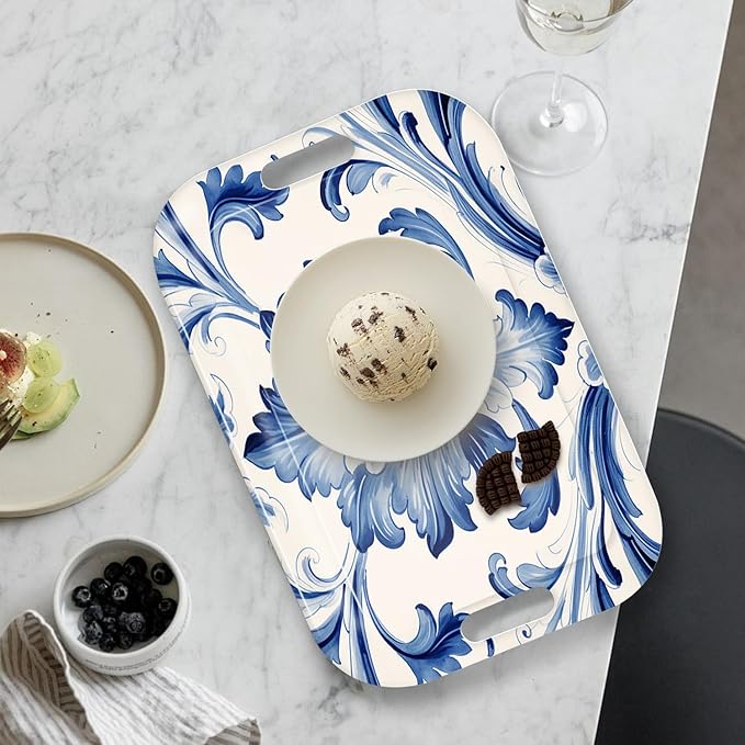 Serving Trays with Handles, 14.5 x 9.8 inch Rectangular Plastic Tray for Restaurant, Kitchen, Blue and White Pattern-CasaMuseHome