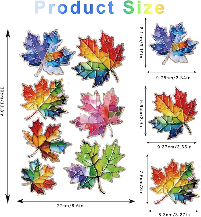 14pcs Window Decals for Bird Strikes, Anti Collision Window Clings, Rainbow Reflection Window Sticker, Maple Leaf Style Sun Catcher Stickers for Glass Windows-CasaMuseHome