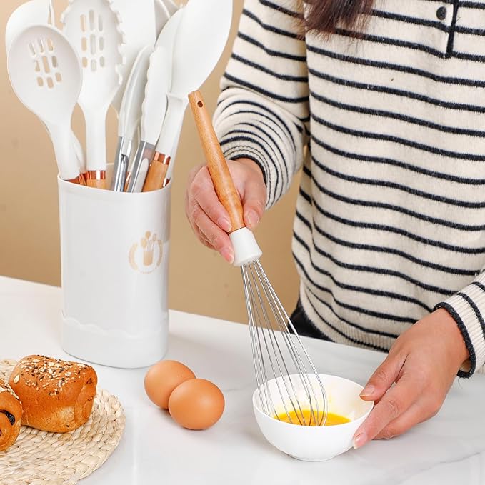 13-Piece silicone utensil set wood handle nonstick cookware safe dishwasher safe kitchen tools BPA free heat resistant (450°F/230°C) ceramic pan safe cooking gifts housewarming (White)-CasaMuseHome