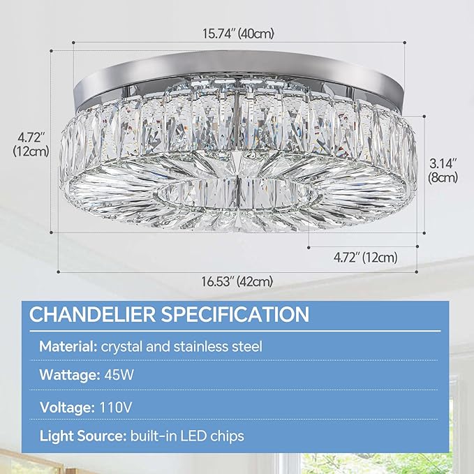 16.5 Inch Dimmable Chandelier with Remote Control LED Crystal Chandelier Modern Flush Mount Ceiling Light Fixtures for Living Room Bedroom Dining Room Entrance (dimmable-16.5")-CasaMuseHome