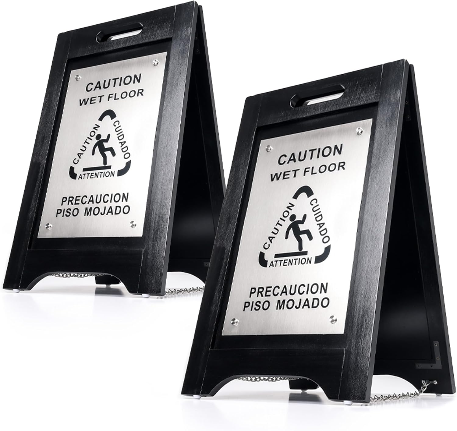 Premium Wooden Caution Wet Floor Sign – Bilingual w/Non-Skid Plastic Feet – For Hotels, Schools, Offices, Areas, Restrooms, Pool Decks & Shops - Black - (2 Pack)