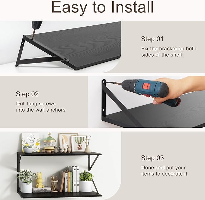 36"W x 10"D Floating Shelves, 10 Inch Deep Black Floating Shelves, Farmhouse Rustic Deep Wall Shelves for Home Decor, Wide Large Floating Shelf for Bathroom, Living Room, Kitchen, Study Room-CasaMuseHome