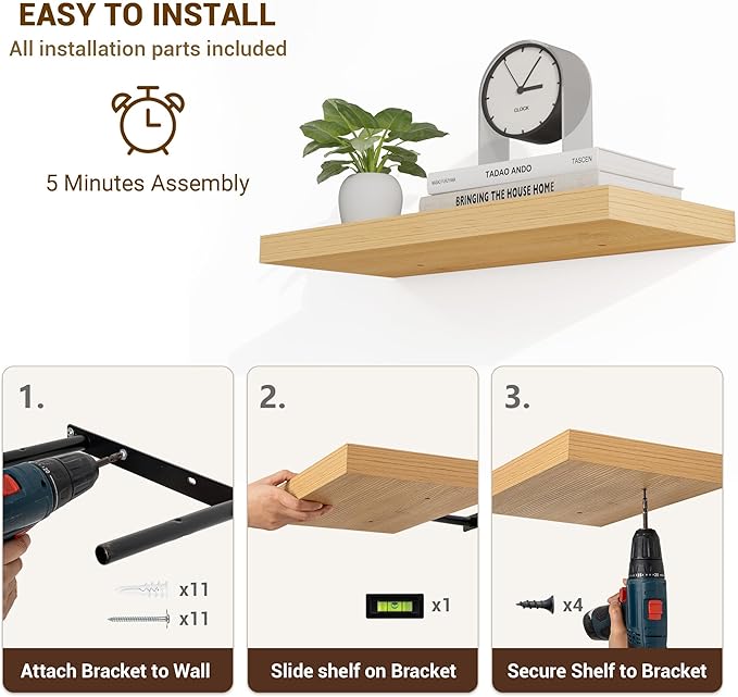 24 Inch Floating Shelves, 3D Textured Wood Grain, 24"x9.25"x1.5" Inch Deep Floating Shelves for Wall, Wooden Shelves for Bathroom, Bedroom, Living Room, Natural-CasaMuseHome