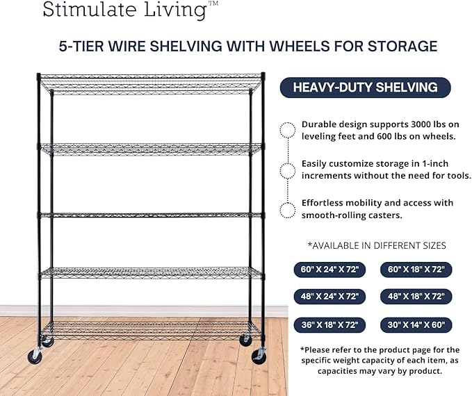 60"x24"x72" PRIME HEAVY DUTY Black 5-Tier Wire Shelving NSF 3000 LBS MAX Capacity Storage Rack for Commercial, School, Home, Garage, Warehouse, Industrial, and Hospital Uses (with Wheels)-CasaMuseHome
