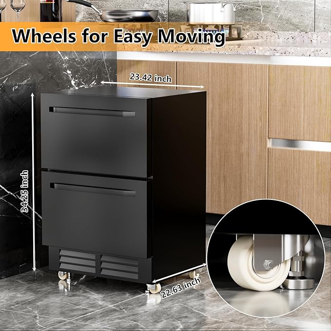 24 Inch Under Counter Dual Drawer Beverage Fridge, Weather Proof Outdoor Beverage Refrigerator for Patio, Stainless Steel Built-in Beverage Cooler for Home & Commercial Use, Black-CasaMuseHome