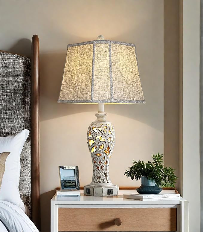 25'' Farmhouse Table Lamp for Living Room Bedroom, 2 USB Ports Vintage Rustic Nightstand Desk Lamp with Nightlight, White Hollow Out Resin Lamp for End Table (Bulb Included)-CasaMuseHome