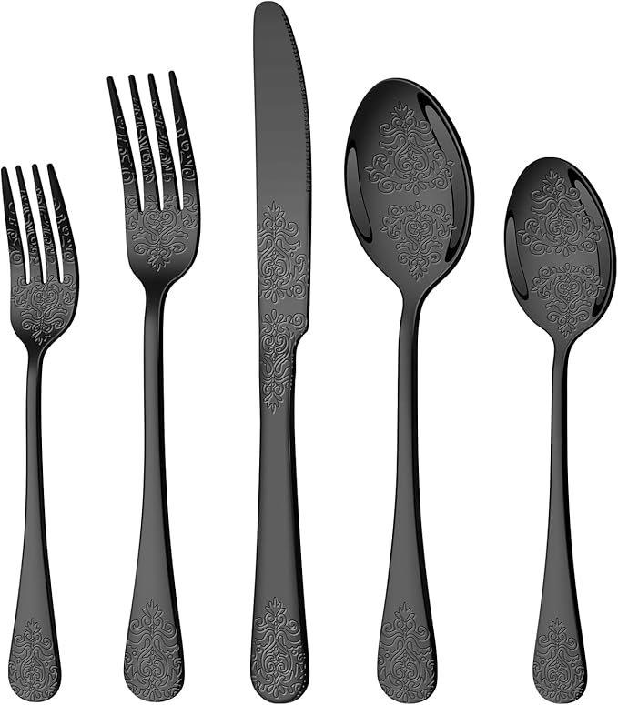 20 Pcs Black Silverware Set for 4 with Classical Flower Embossed Design, Food Grade Stainless Steel Flatware Set, Eating Utensils Sets Include Fork/Knife/Spoon, Cutlery Set, Dishwasher Safe-CasaMuseHome