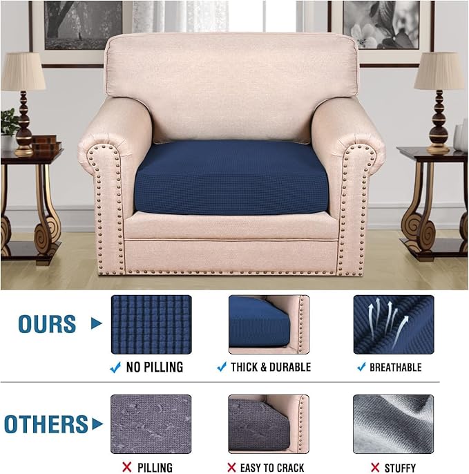 H.VERSAILTEX Super Stretch Individual Seat Cushion Covers Sofa Covers Couch Cushion Covers Slipcover Sets Thick Jacquard Textured Twill Fabric (1 Piece Chair Cushion Cover, Navy)-CasaMuseHome