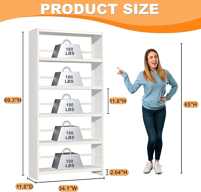 69.3" H Home Office Bookcase Shelf Storage,5 Tier Bookcase with Open Display Shelves,Industrial Wide Bookshelf with Metal Frame for Home Office, Living Room, Bed Room (34.1" W)-CasaMuseHome