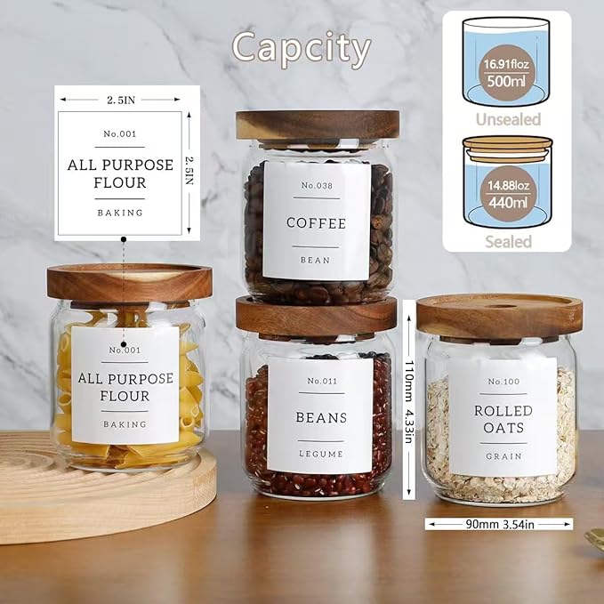 16 OZ Stackable Glass Food Storage Jars with 132 Pantry Labels Preprinted - 6 Pcs Thicken Glass Storage Containers with Airtight Acacia Lid - Clear Kitchen Canister for Spice, Tea, Coffee, Sugar-CasaMuseHome