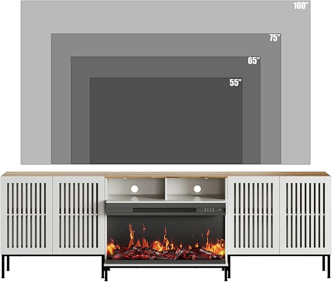 3-Sided Glass Farmhouse Fireplace TV Stand for TVs Up to 100 Inch, Entertainment Center with 36" Electric Fireplace, TV Console with Storage Cabinets for Living Room, Antique White-CasaMuseHome
