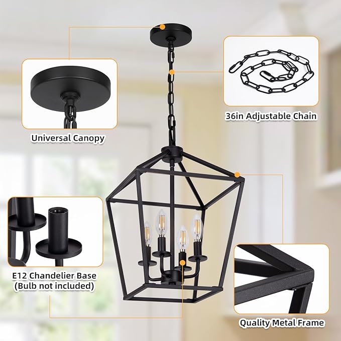 4 Light Chandelier, Industrial Ceiling Light Black Lantern Light Fixtures with Farmhouse Metal Cage Adjustable Height Rustic Geometric Hanging Light E12 Base for Kitchen Island, Entryway, Indoor-CasaMuseHome