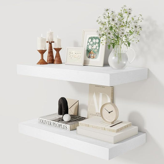 12 Inch Deep White Floating Shelves, 24 x 12 Floating Shelf for Books, Rustic Wood Deep Wall Shelves for Home Storage & Display, 2" Thicked Shelves for Kitchen, Living Room, Bedroom, 2 Pack-CasaMuseHome