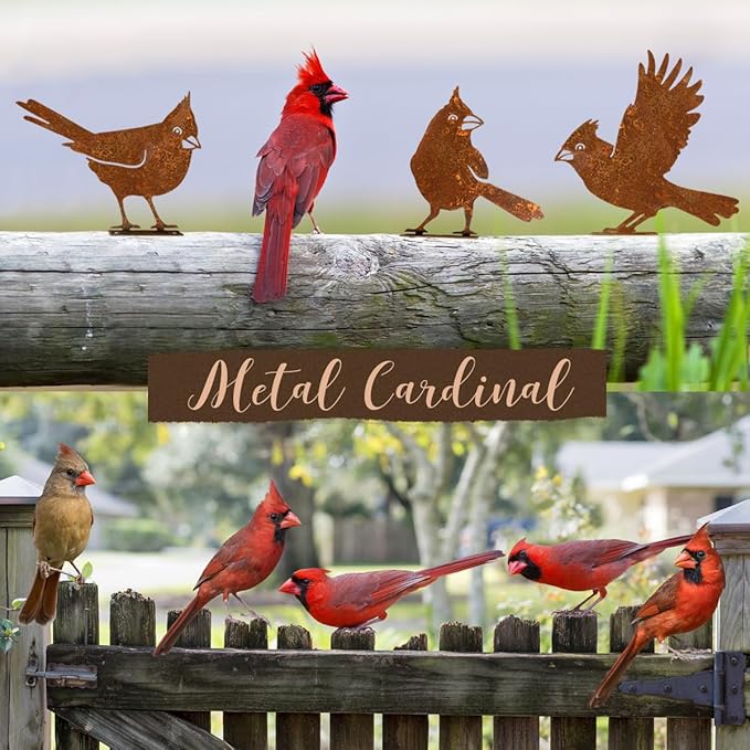 5PCS Rusty Birds Decoration, Garden Decor Spring Decorations Outdoor, Metal Birds Yard Decor Perfect Yard Art and Large Outdoor Ornaments, Cardinal Gifts，Metal Bird Silhouette Statues-CasaMuseHome