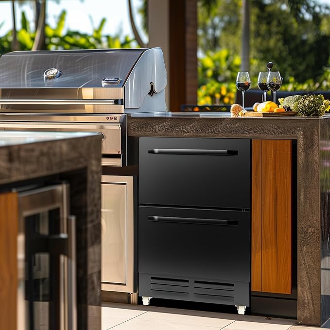 24 Inch Under Counter Dual Drawer Beverage Fridge, Weather Proof Outdoor Beverage Refrigerator for Patio, Stainless Steel Built-in Beverage Cooler for Home & Commercial Use, Black-CasaMuseHome