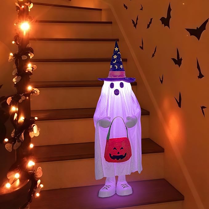 37" Cute Front Porch Light Up Halloween Ghost Décor, Kids Standing Trick or Treat Indoor and Outdoor Decorations-Star Moon-CasaMuseHome