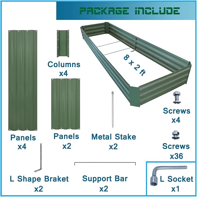 8x2x1ft Metal Raised Garden Bed Kit，Galvanized Garden Bed Box for Vegetables, Flowers, Herbs, and Succulents,120 Gallon Capacity - Green-CasaMuseHome