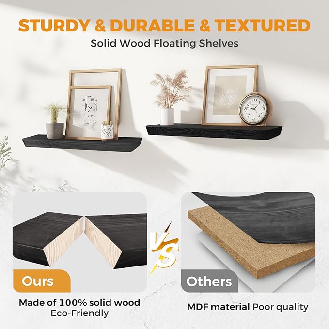 24"x6.8"x1.6" Slanted Floating Wall Shelves 2-Pack - Rustic Black Finish, Heavy-Duty Solid Wood Design with Hidden Brackets - Perfect for Living Room, Kitchen, Bathroom, or Office-CasaMuseHome