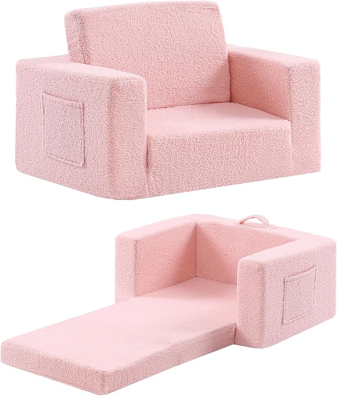 2-in-1 Toddler Chair Sherpa Couch - Soft Kids Lounger for Bedroom, Convertible Sofa for Girls and Boys, Reading Chair, Pink-CasaMuseHome