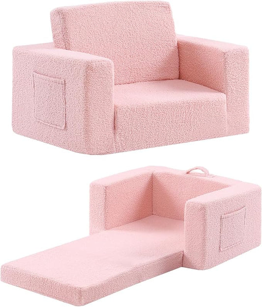 2-in-1 Toddler Chair Sherpa Couch - Soft Kids Lounger for Bedroom, Convertible Sofa for Girls and Boys, Reading Chair, Pink-CasaMuseHome