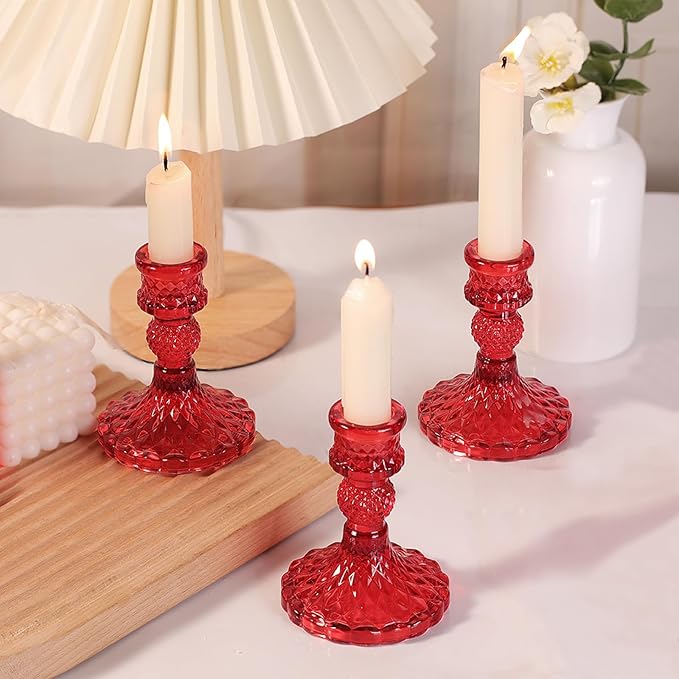 12Pcs Red Candlestick Holders Set- 4" H Taper Candle Holders Bulk, Glass Candle Holders for Activities, Party, Romantic Dinner Table Centerpieces, Festival Gifts & Windowsill Decor-CasaMuseHome