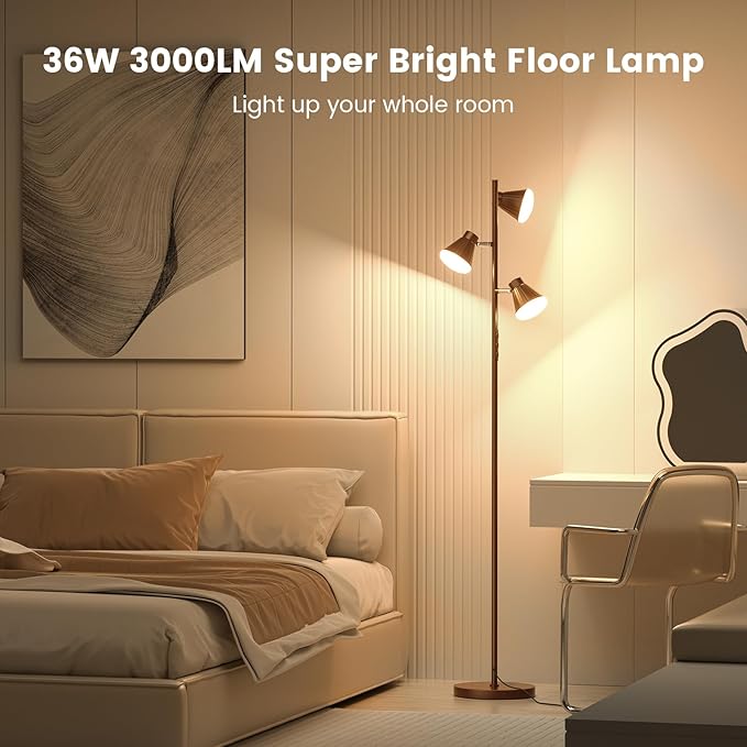 36W LED Tree Floor Lamp, Dimmable Tall Standing Lamp with Remote & Touch Control, 4 Color Temperatures Bright Floor Lamp, 3 Rotatable Light Modern Floor Lamps (Brown)-CasaMuseHome