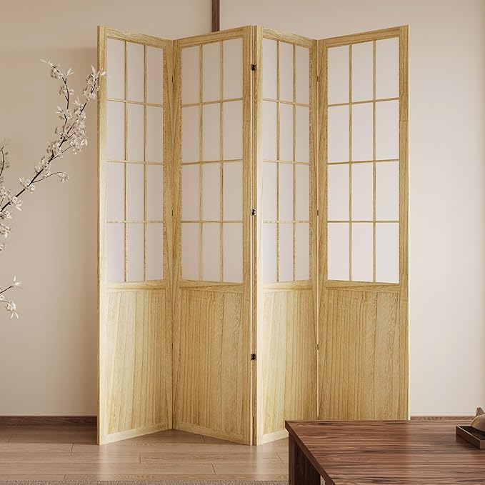 5.6FT Room Divider and Folding Portable Partition Screen, Chinese Japanese Shoji Style for Room Separation - 4 Panel (Natural)-CasaMuseHome